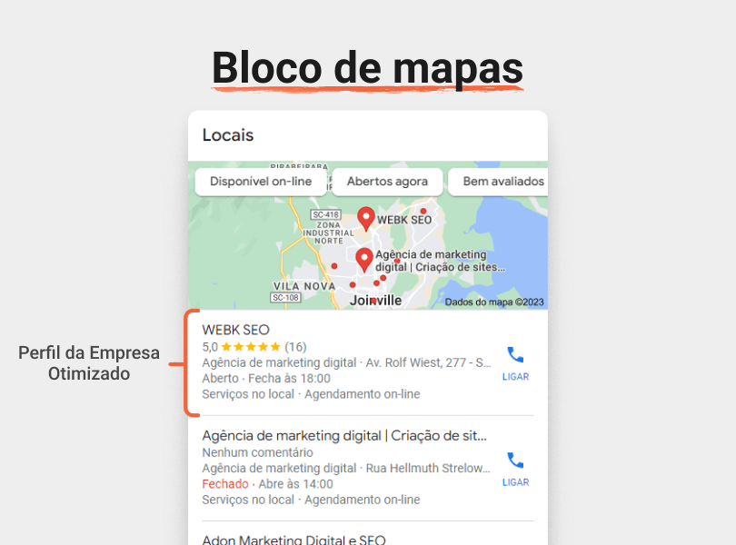 Bloco de Mapas do Google com perfil de empresa otimizado